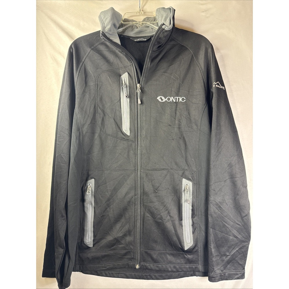 Eddie Bauer Mens Large‎ Full Zip Fleece Hooded Jacket Black Ontic Embroidery